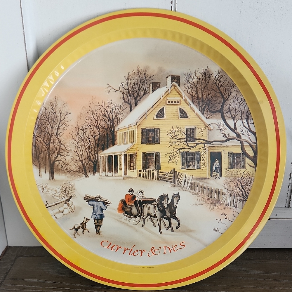 Vintage Currier & Ives Winter Sleigh Ride Metal Tin Tray - Americana Decor